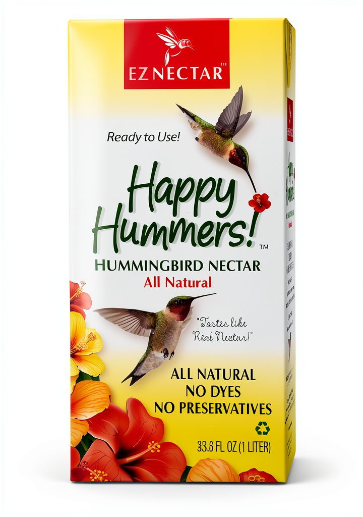 EZNectar Hummingbird Food Concentrate bottle displayed next to a hummingbird feeder